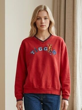 Vintage Disney Women’s 90s Red Tigger Long Sleeve V Neck Sweatshirt - Size Large